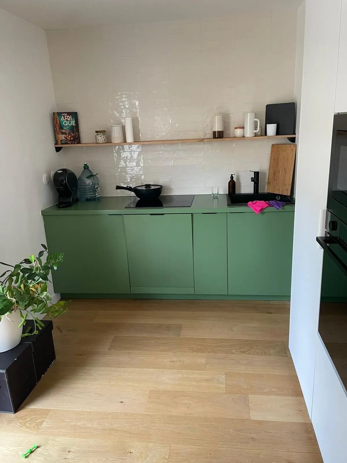 Cuisine lineaire a façades vert sauge sans poignée, plan vert, crédence zellige blanc et tablette chêne